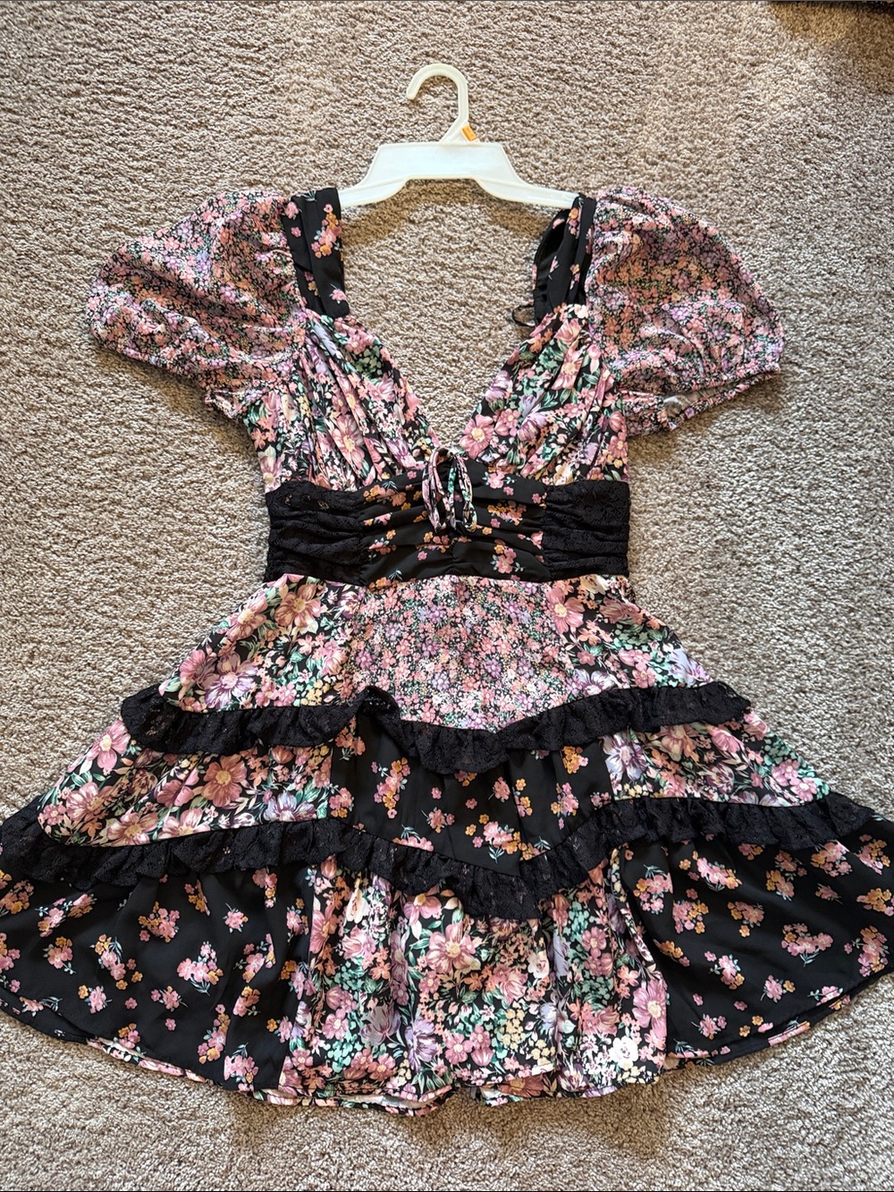 Altar'd State Black Floral Puff-Sleeve Tiered Mini Dress